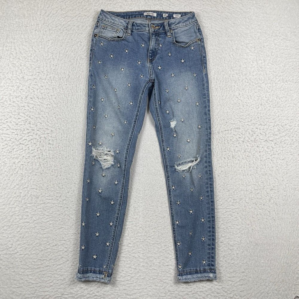 Miss Me Jeans Womens 26 Blue Ankle Skinny Distressed Embroidered Stars‎ Low Rise